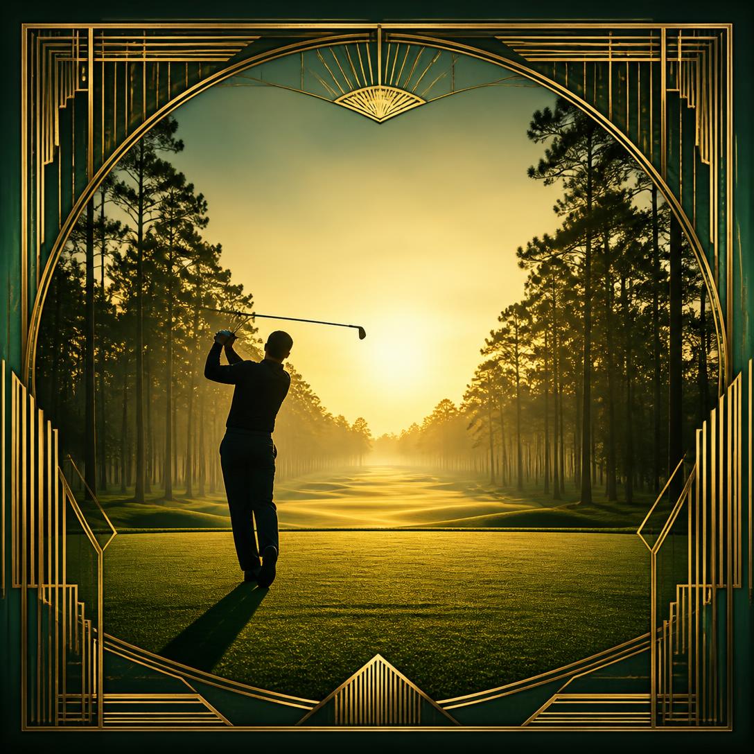 Golfer at dawn on a Montana fairway framed in art deco linework